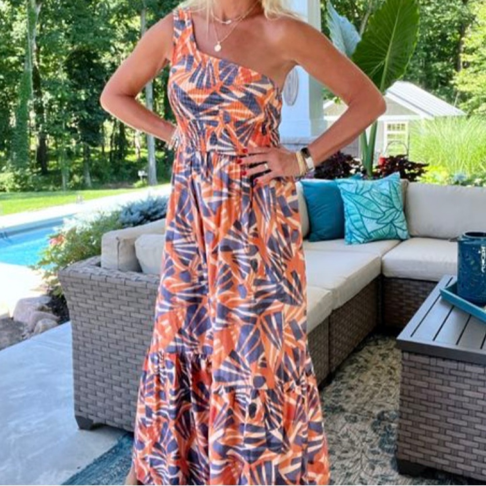 Nine West Women’s Summer Maxi Tropical Dress - Blue/Orange - Medium